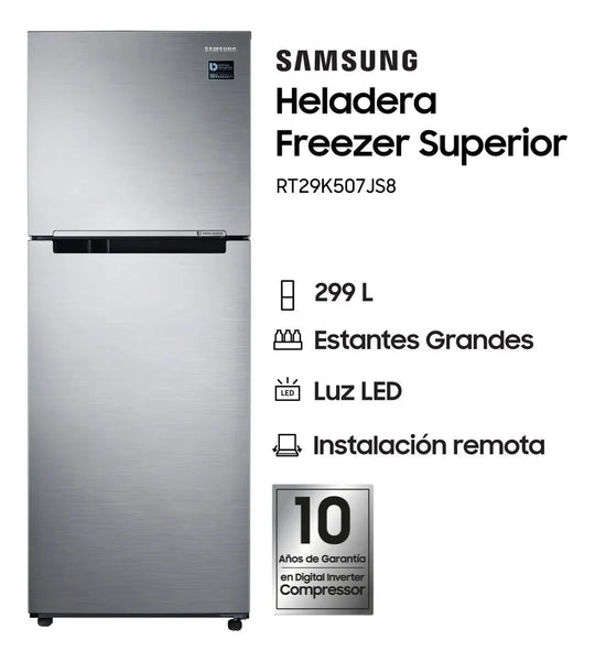 Imagem 1 de 7 de Heladera Samsung RT29K507JS8 Inverter 308 Litros Silver Cooling Plus con Freezer Superior