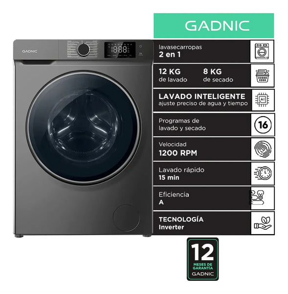 Imagem 1 de 7 de Lavasecarropas Gadnic 12kg Lavado / 8kg Secado 1200RPM Inverter Automático Frontal 1800W