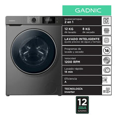 Lavasecarropas Gadnic 12kg Lavado / 8kg Secado 1200RPM Inverter Automático Frontal 1800W
