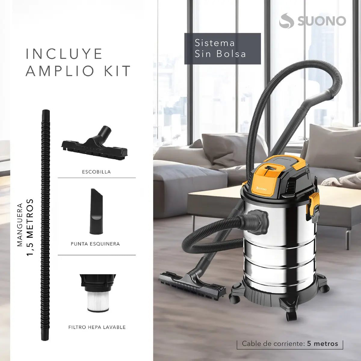 Aspiradora Sopladora Seco Líquido Suono 25 Litros 1300w Color Plateado - Image 3