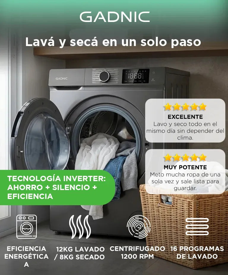 Lavasecarropas Gadnic 12kg Lavado / 8kg Secado 1200RPM Inverter Automático Frontal 1800W - Image 2
